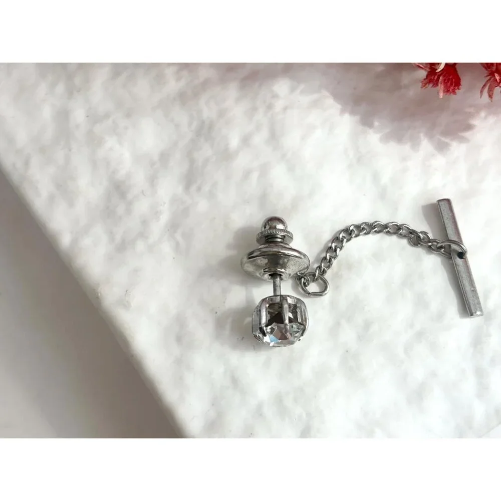 Faux CZ Gemstone Minimalist Silver Toned Vintage Men's Tie Tack